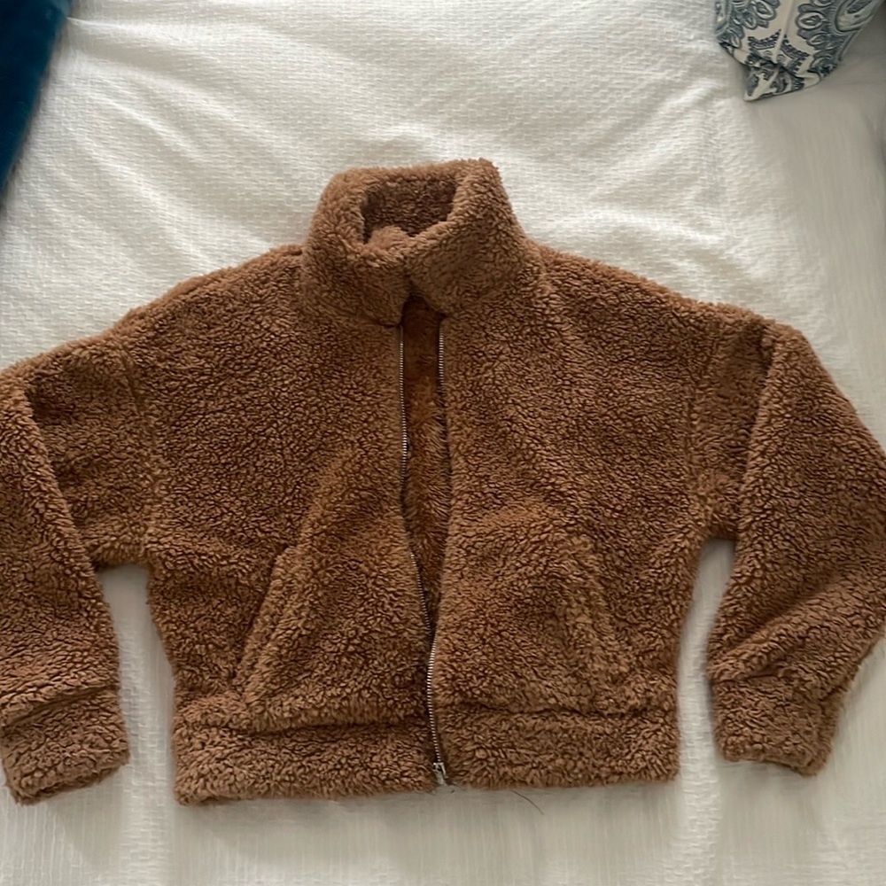 Brown Sherpa fleece jacket - zip front - cardigan style - short- size medium